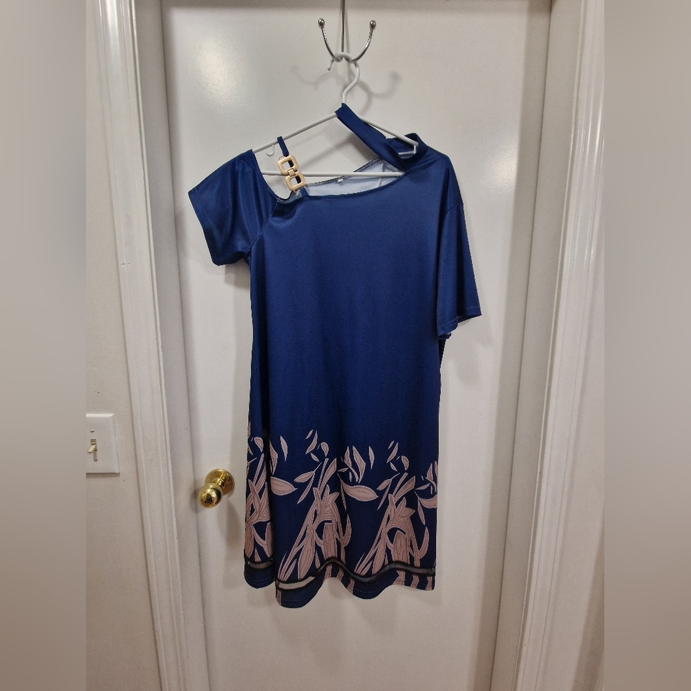Blue Dress with Beige Leaf Pattern